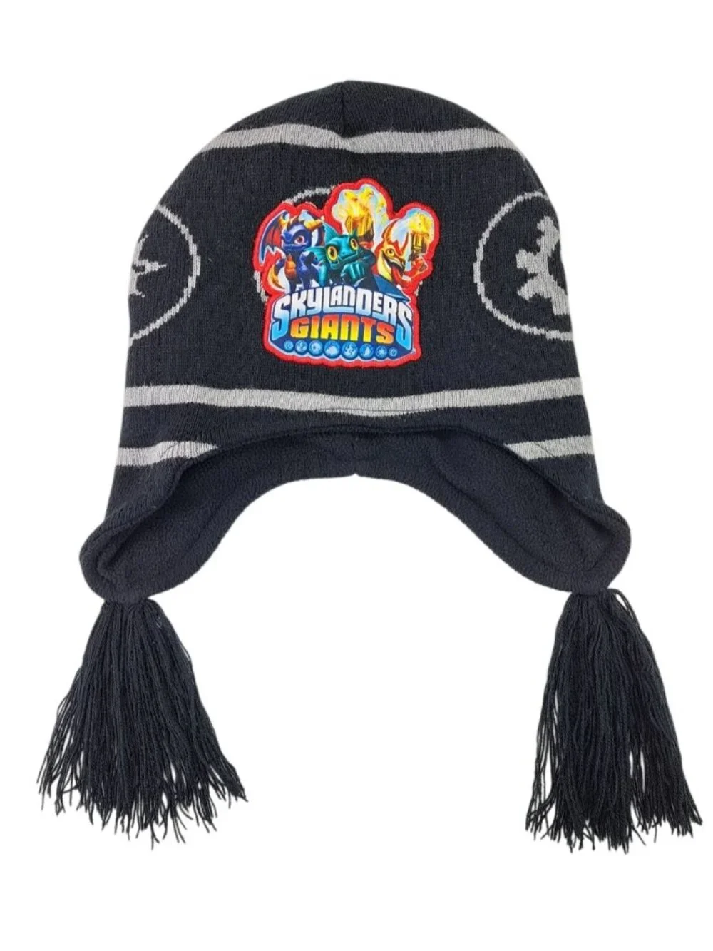 Skylanders Giants Kids Youth Winter Hat Black & Gray Striped With Tassels Beanie